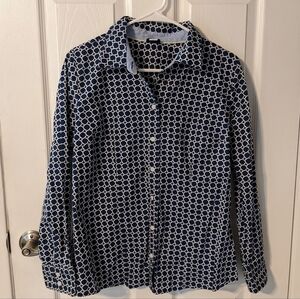Basic Editions‎ Blue and White Patterned Long Sleeve Button Up Top Size Medium
